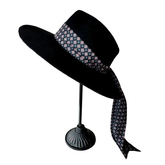 Zara Black Felt Hat with Printed Scarf Size Medium Boho Bohemian - Picture 1 of 10